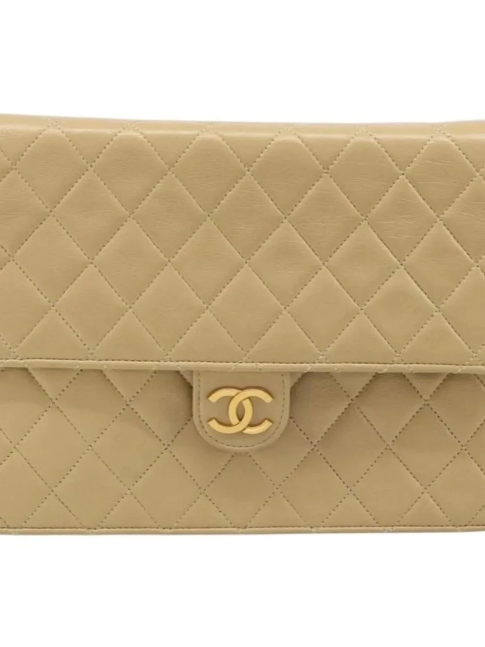 CHANEL Matelasse Chain Shoulder Bag Lamb Skin Beige Gold CC Auth 187257